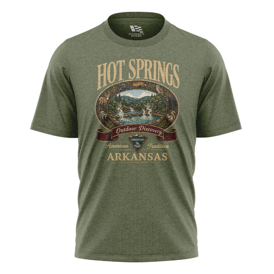 Arkansas Hot Springs Outdoor Discovery Tee - Military Green flatlay