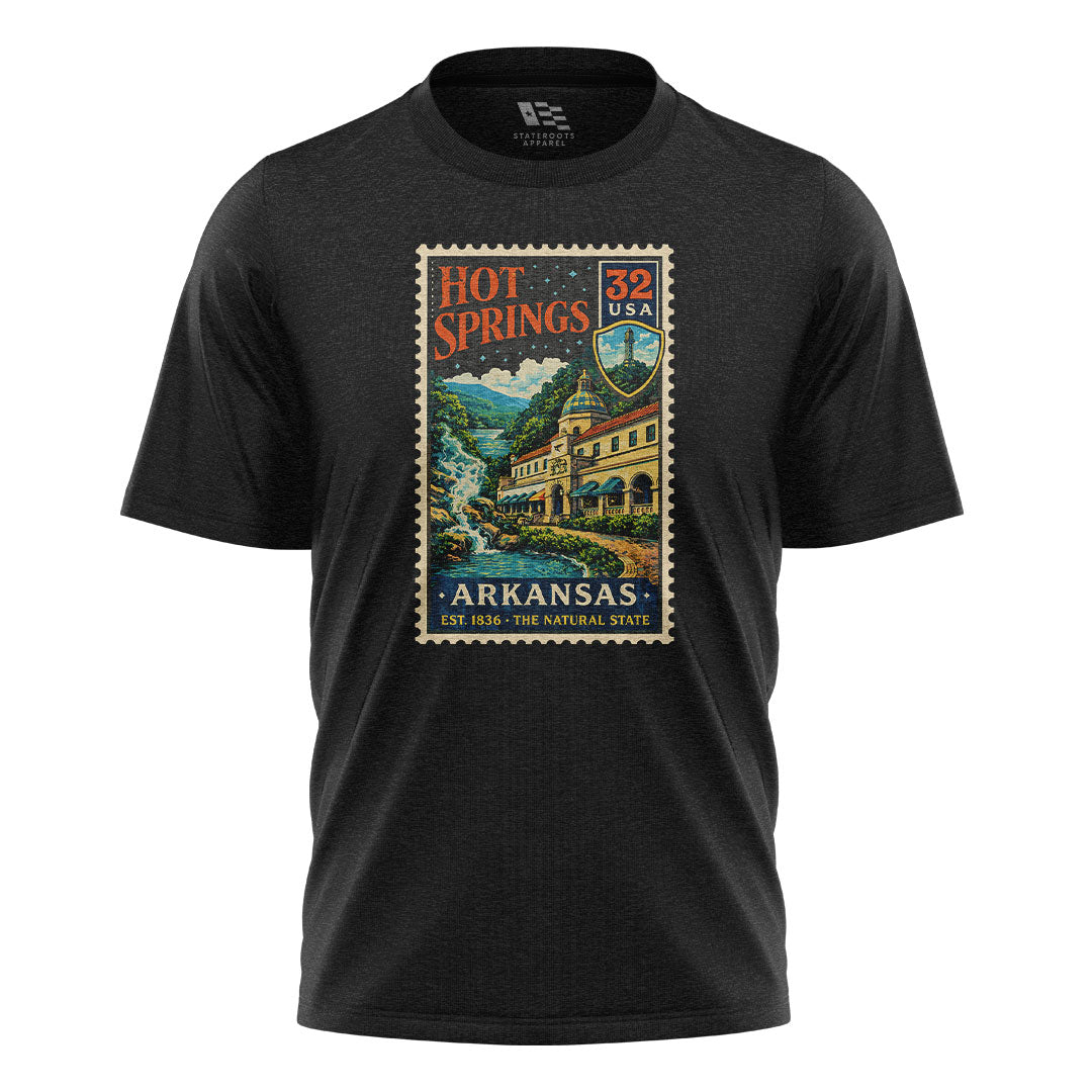 Arkansas Hot Springs Postage Stamp Tee - Black flatlay