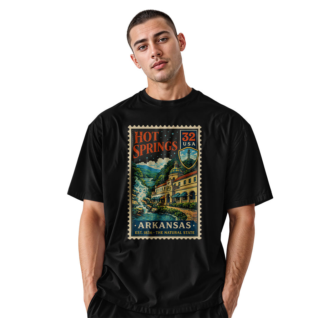 Arkansas Hot Springs Postage Stamp Tee - Black view