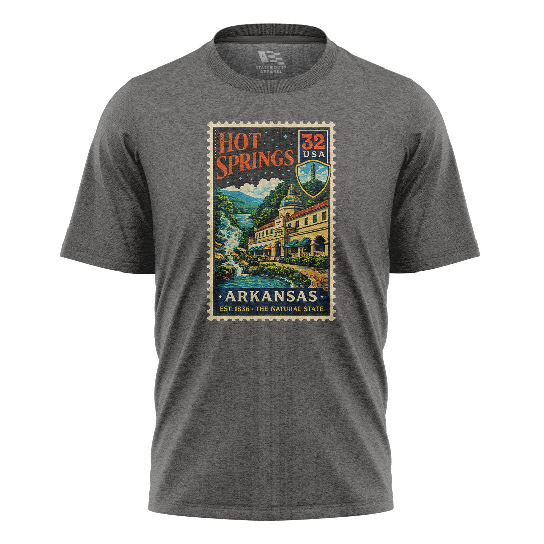 Arkansas Hot Springs Postage Stamp Tee - Charcoal flatlay