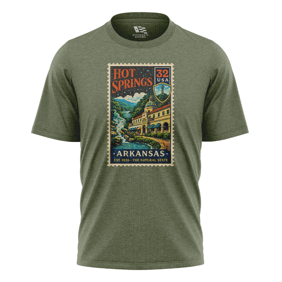 Arkansas Hot Springs Postage Stamp Tee - Military Green flatlay