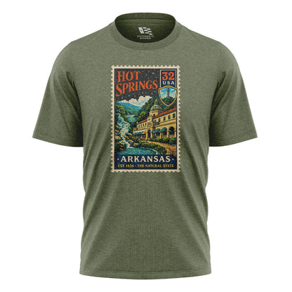 Arkansas Hot Springs Postage Stamp Tee - Military Green flatlay