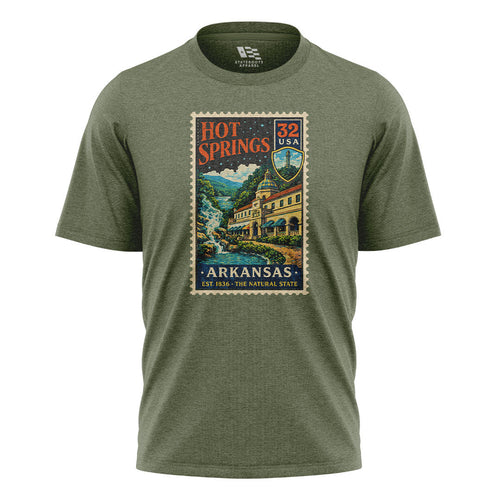 Arkansas Hot Springs Postage Stamp Tee - Military Green flatlay