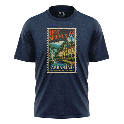 Arkansas Hot Springs Postage Stamp Tee - Navy flatlay