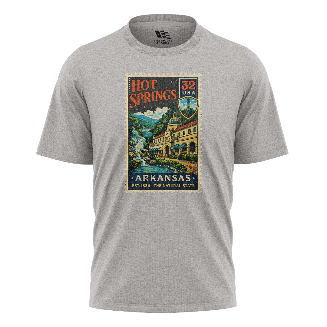 Arkansas Hot Springs Postage Stamp Tee - Sport Grey flatlay