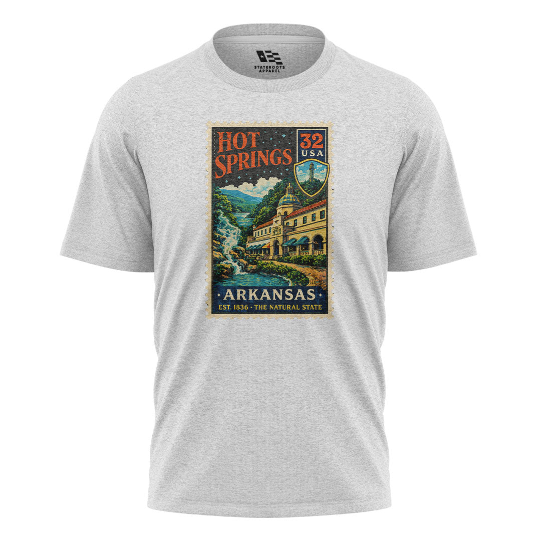 Arkansas Hot Springs Postage Stamp Tee - White flatlay