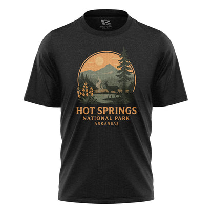 Arkansas Hot Springs Sunset Deer Tee - Black flatlay
