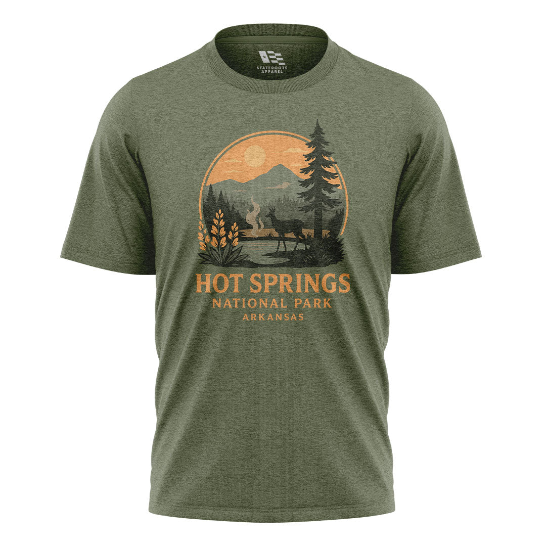 Arkansas Hot Springs Sunset Deer Tee - Military Green flatlay