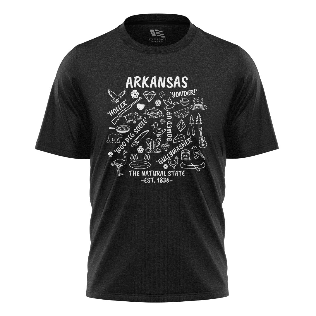 Arkansas Icons Sayings Tee - Black flatlay