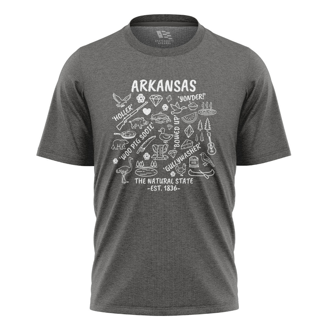 Arkansas Icons Sayings Tee - Charcoal flatlay
