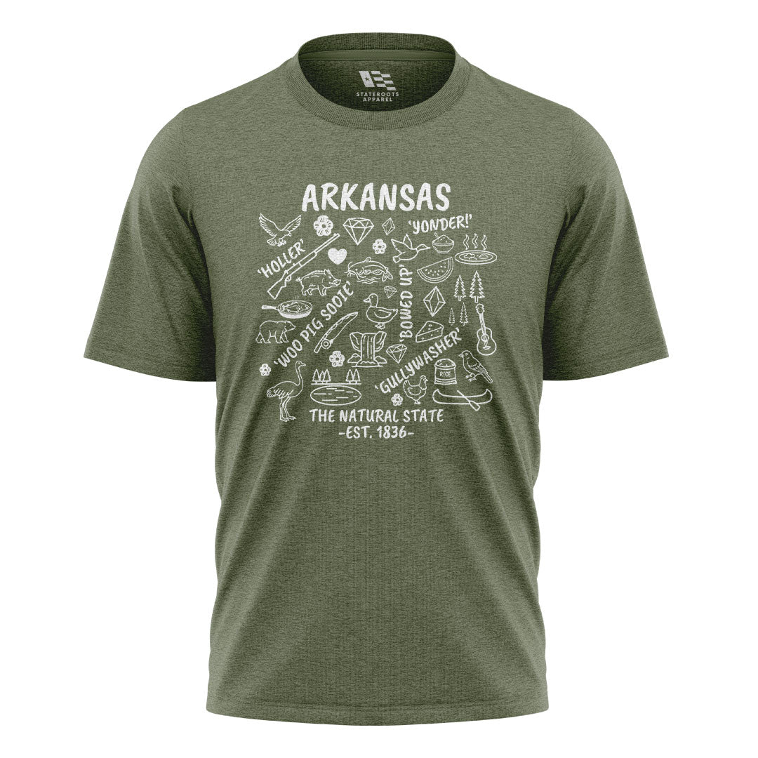 Arkansas Icons Sayings Tee - Military Green flatlay