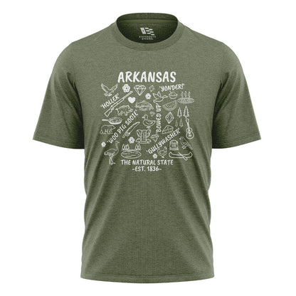 Arkansas Icons Sayings Tee - Military Green flatlay
