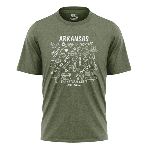 Arkansas Icons Sayings Tee - Military Green flatlay