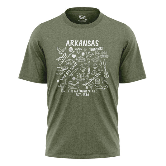 Arkansas Icons Sayings Tee - Military Green flatlay