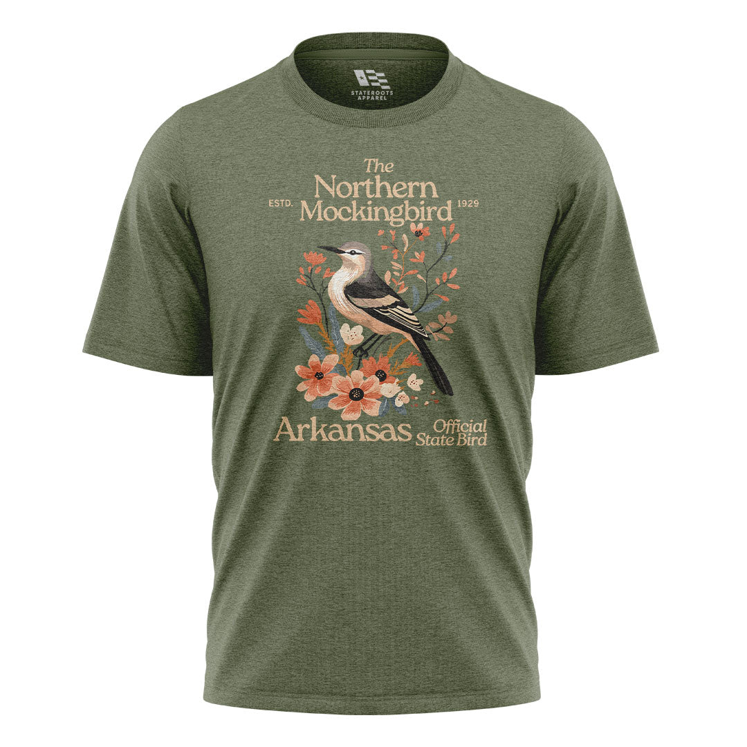 Arkansas Mockingbird Florals Tee - Military Green flatlay