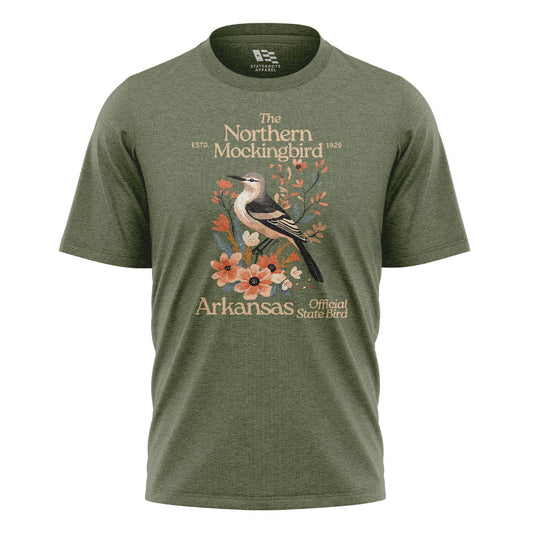 Arkansas Mockingbird Florals Tee - Military Green flatlay