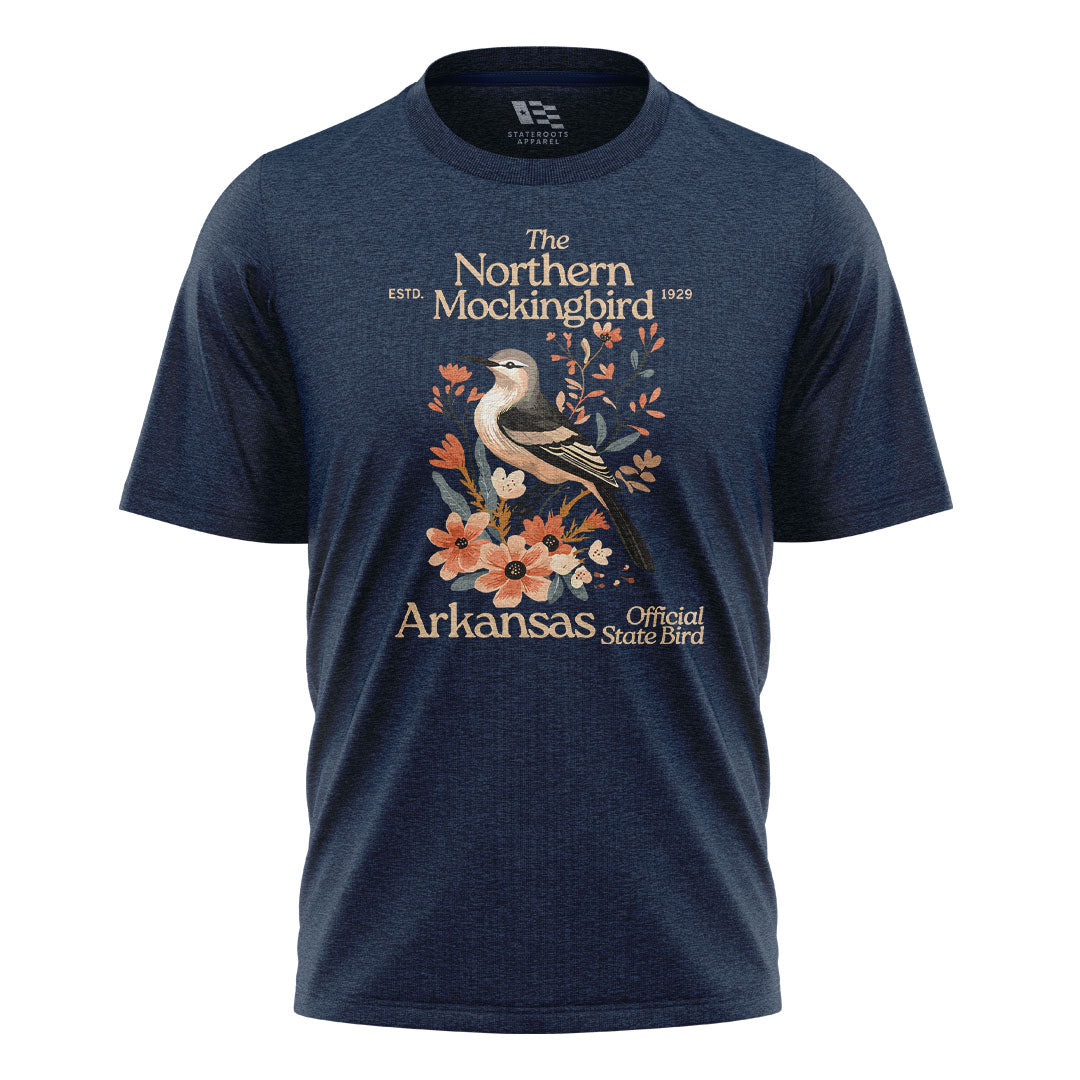 Arkansas Mockingbird Florals Tee - Navy flatlay