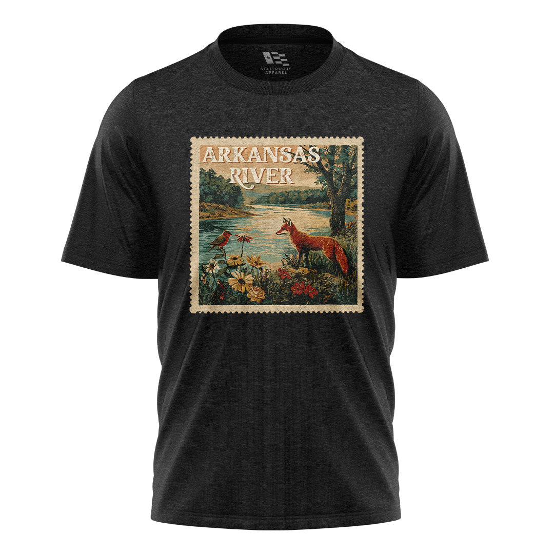 Arkansas River Fox Stamp Tee - Black flatlay