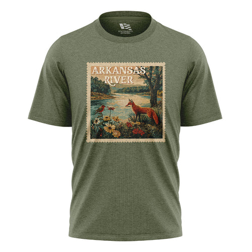 Arkansas River Fox Stamp Tee - Military Green flatlay