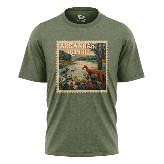 Arkansas River Fox Stamp Tee - Military Green flatlay
