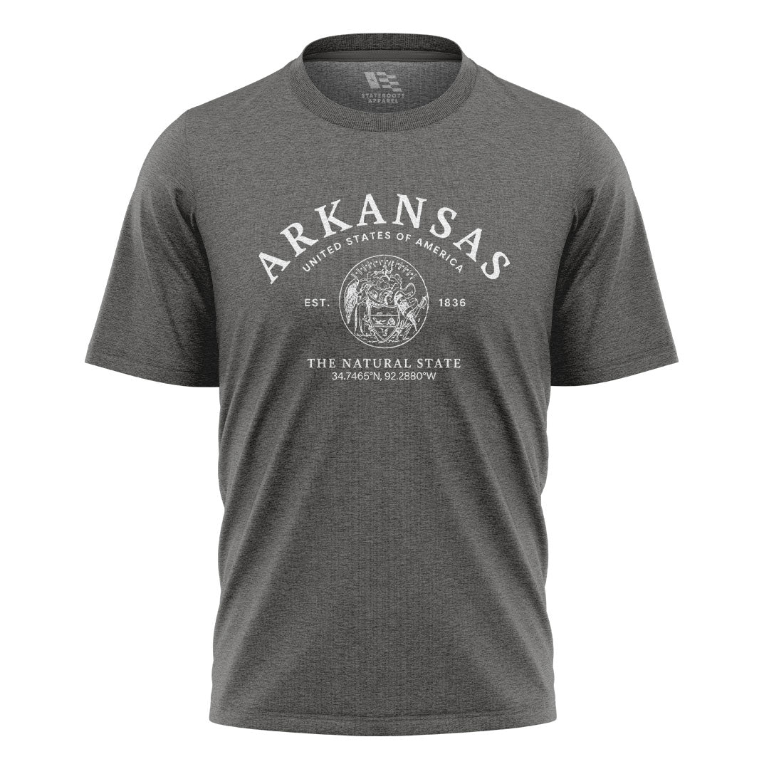 Arkansas State Seal Coordinates Tee - Charcoal flatlay