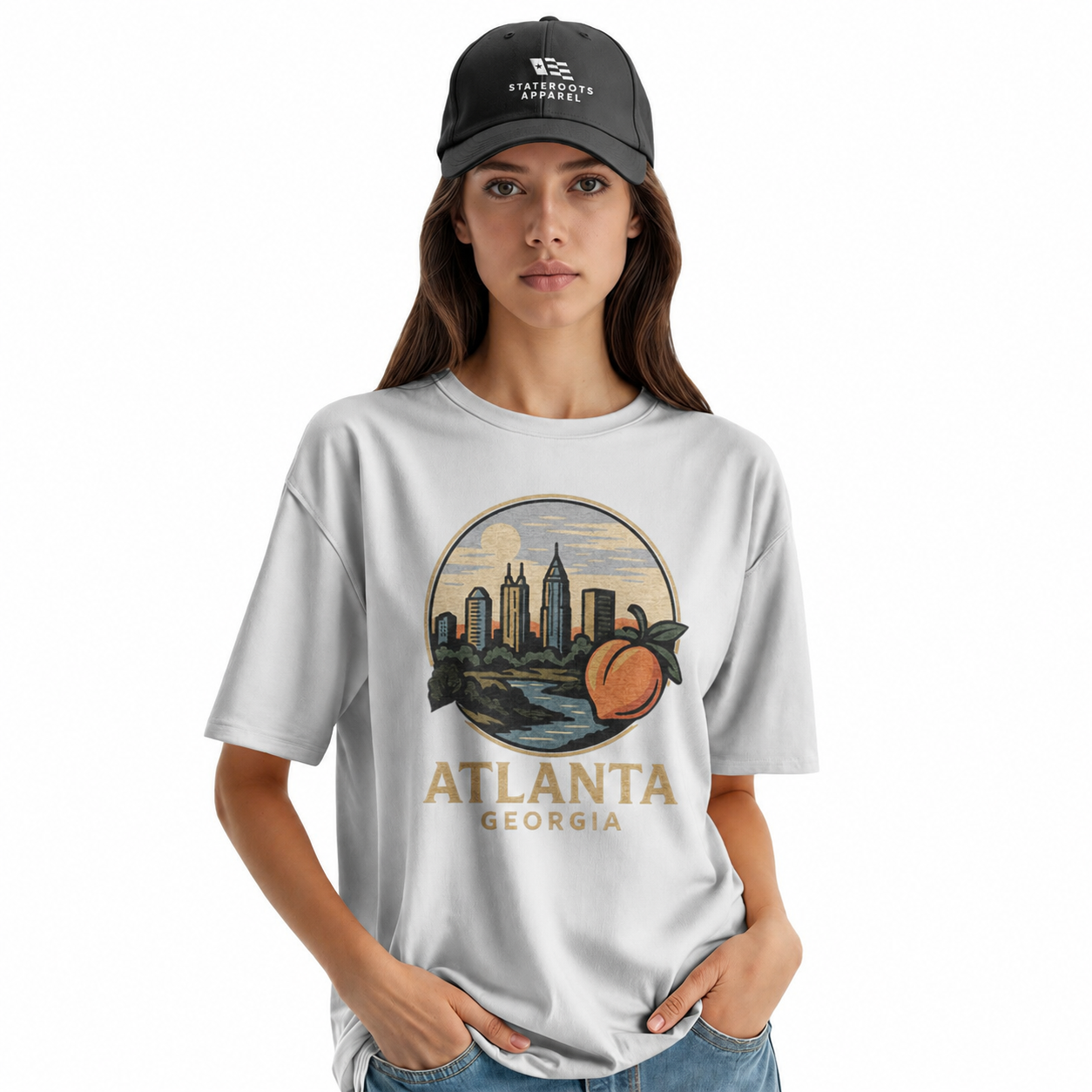 Atlanta Georgia Skyline T-Shirt | Peach Sunset Retro Badge Tee