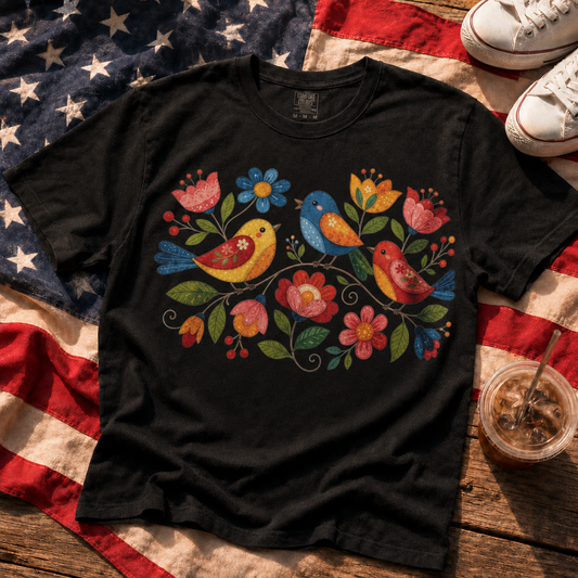 Folk Birds Spring Flowers Vintage T-Shirt | Cottagecore Folk Art Tee