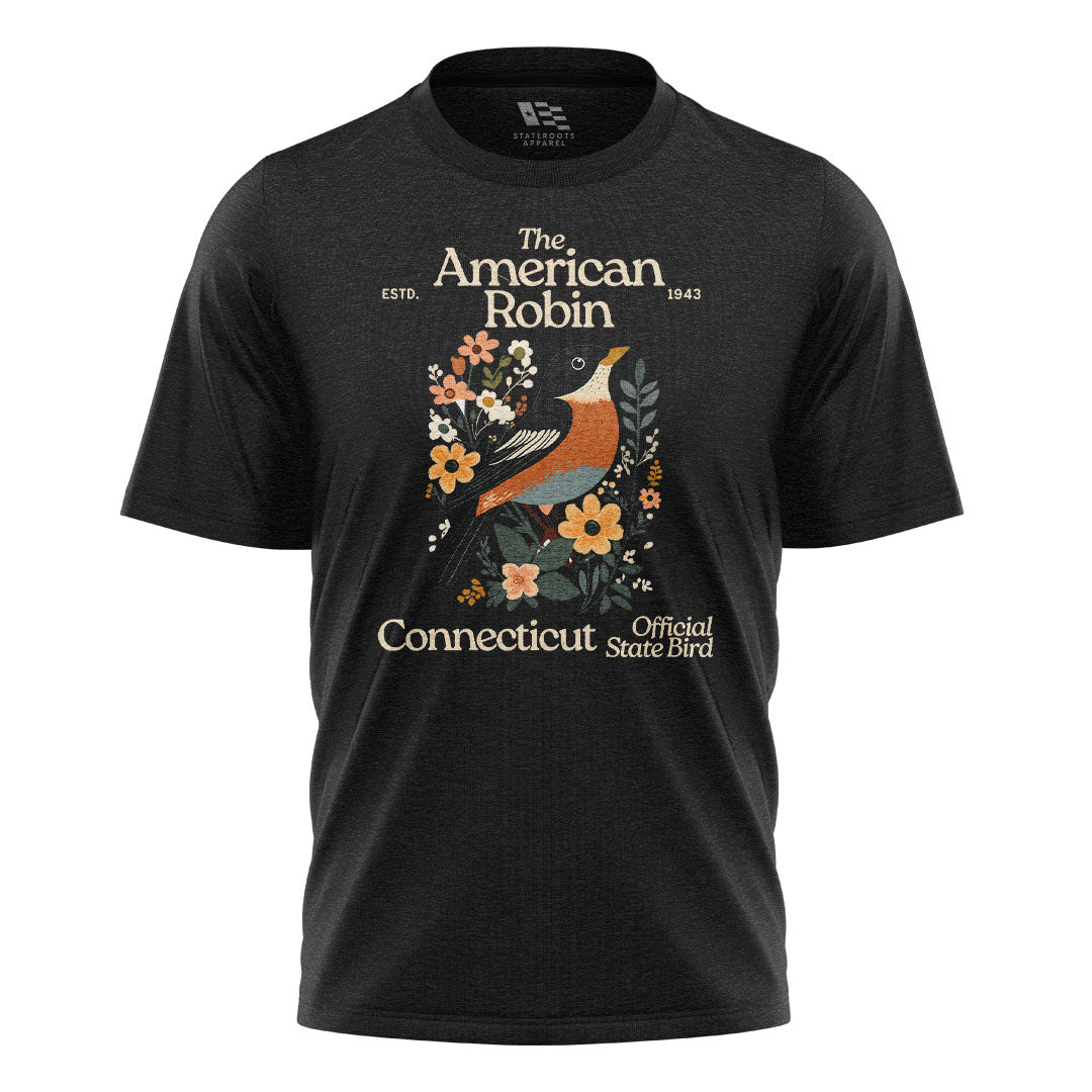 Connecticut American Robin T-Shirt | State Bird Floral Tee - Black