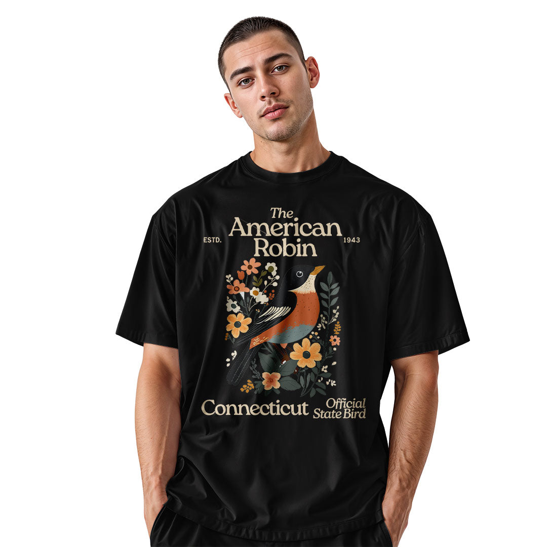 Connecticut American Robin T-Shirt | State Bird Floral Tee - Black