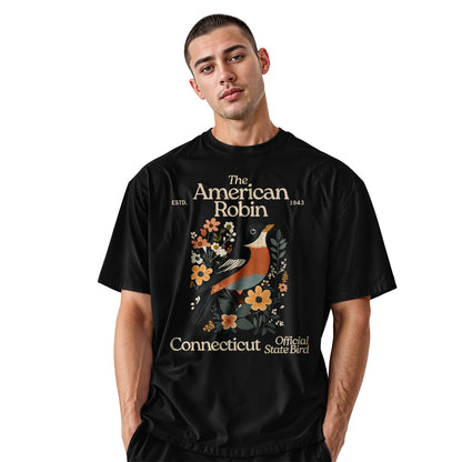 Connecticut American Robin T-Shirt | State Bird Floral Tee - Black