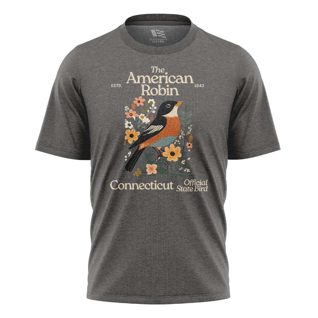 Connecticut American Robin T-Shirt | State Bird Floral Tee - Charcoal
