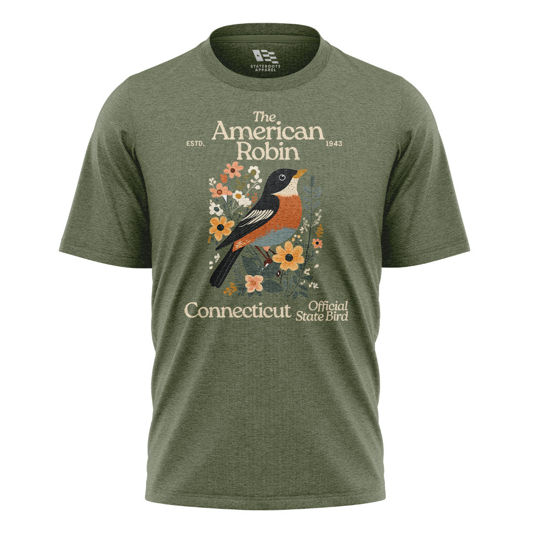 Connecticut American Robin T-Shirt | State Bird Floral Tee - Military Green