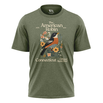 Connecticut American Robin T-Shirt | State Bird Floral Tee - Military Green