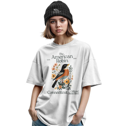 Connecticut American Robin T-Shirt | State Bird Floral Tee - Military Green