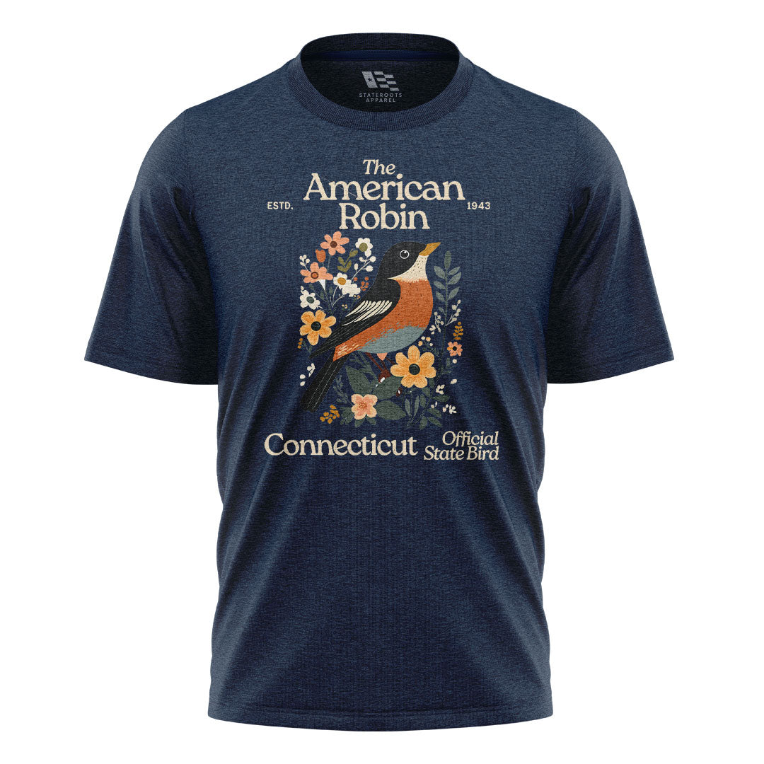 Connecticut American Robin T-Shirt | State Bird Floral Tee - Navy