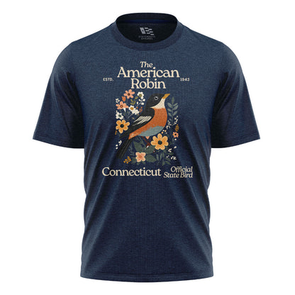 Connecticut American Robin T-Shirt | State Bird Floral Tee - Navy