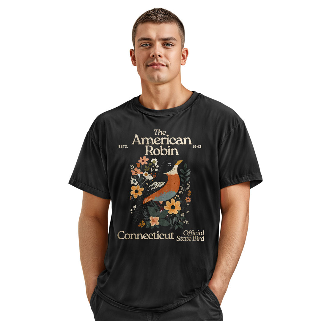 Connecticut American Robin T-Shirt | State Bird Floral Tee - Navy
