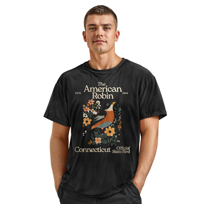 Connecticut American Robin T-Shirt | State Bird Floral Tee - Navy