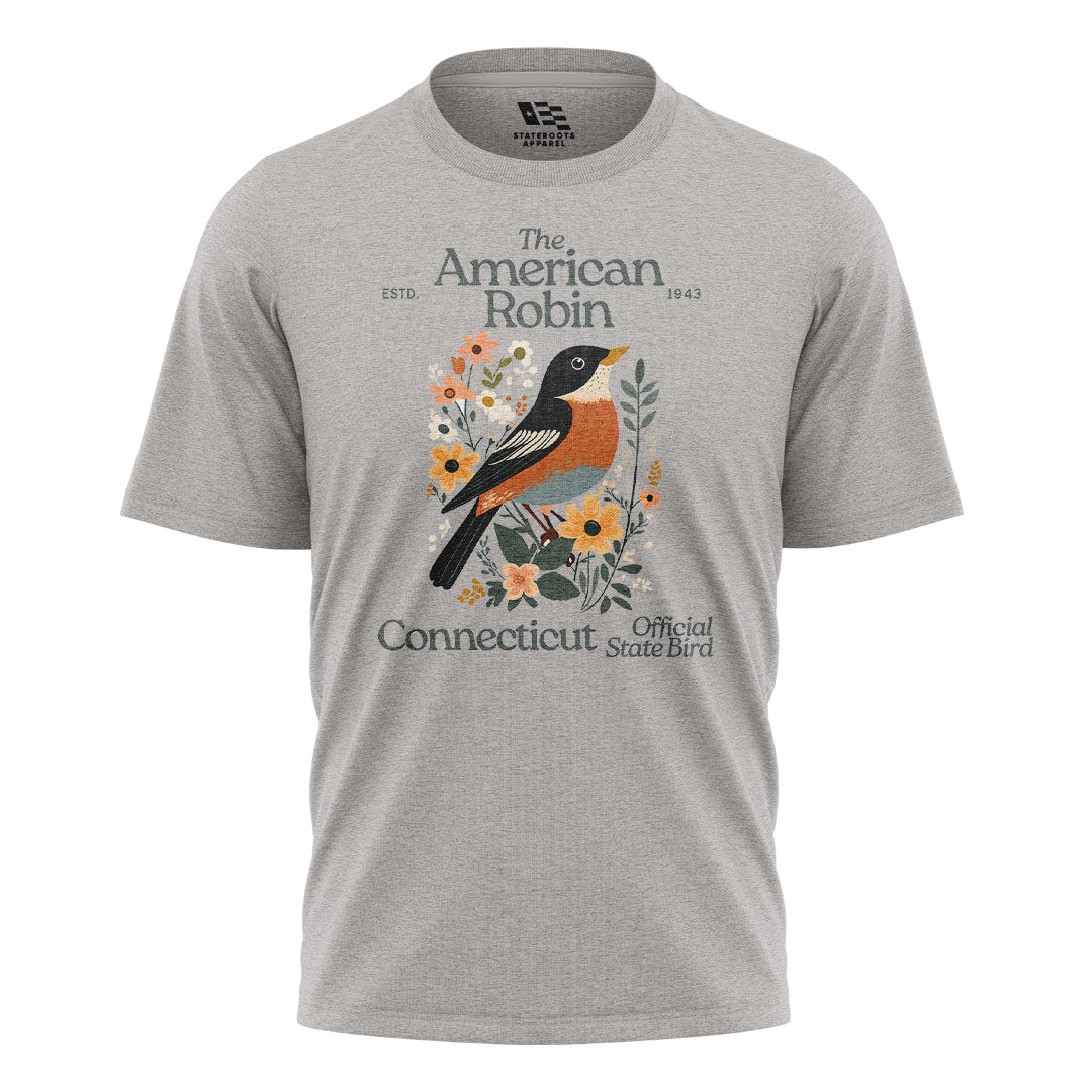 Connecticut American Robin T-Shirt | State Bird Floral Tee - Sport Grey