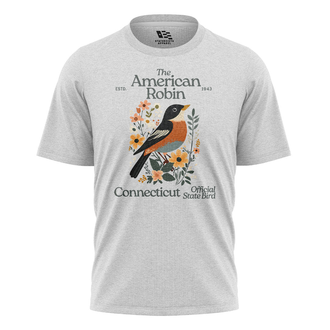 Connecticut American Robin T-Shirt | State Bird Floral Tee - White