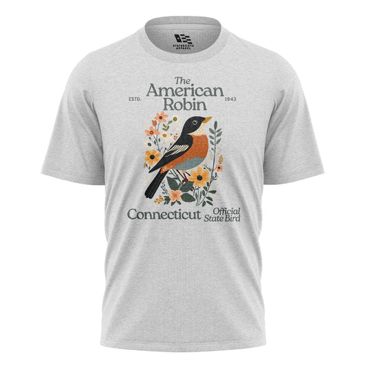 Connecticut American Robin T-Shirt | State Bird Floral Tee - White
