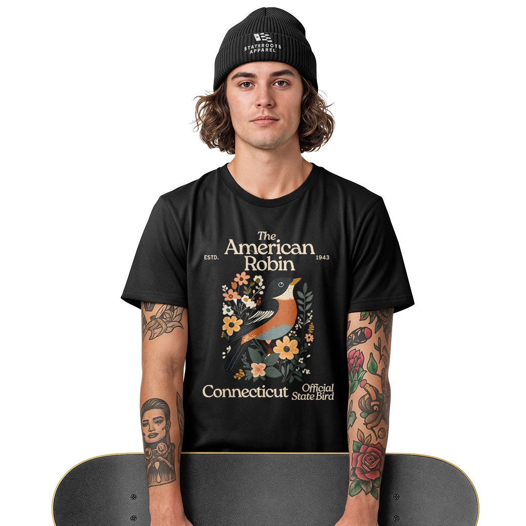 Connecticut American Robin T-Shirt | State Bird Floral Tee - White