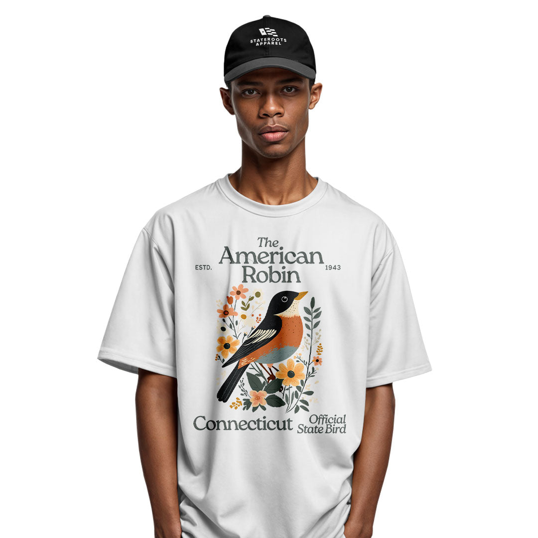 Connecticut American Robin T-Shirt | State Bird Floral Tee - White