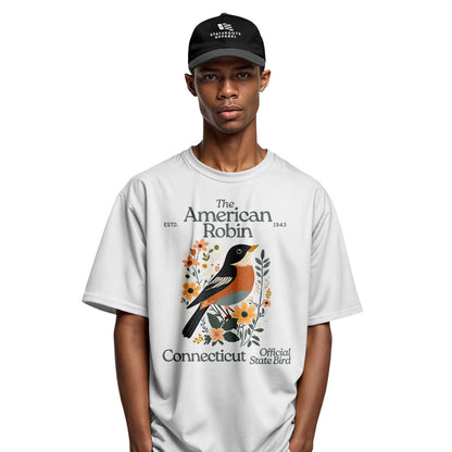 Connecticut American Robin T-Shirt | State Bird Floral Tee - White