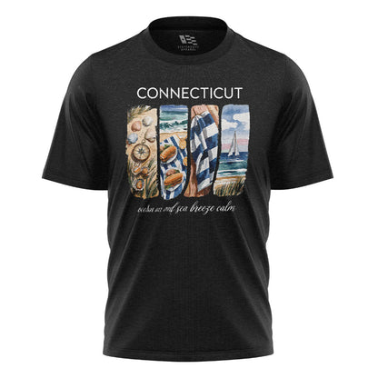 Connecticut Coastal Watercolor T-Shirt | Beach Scene Tee - Black