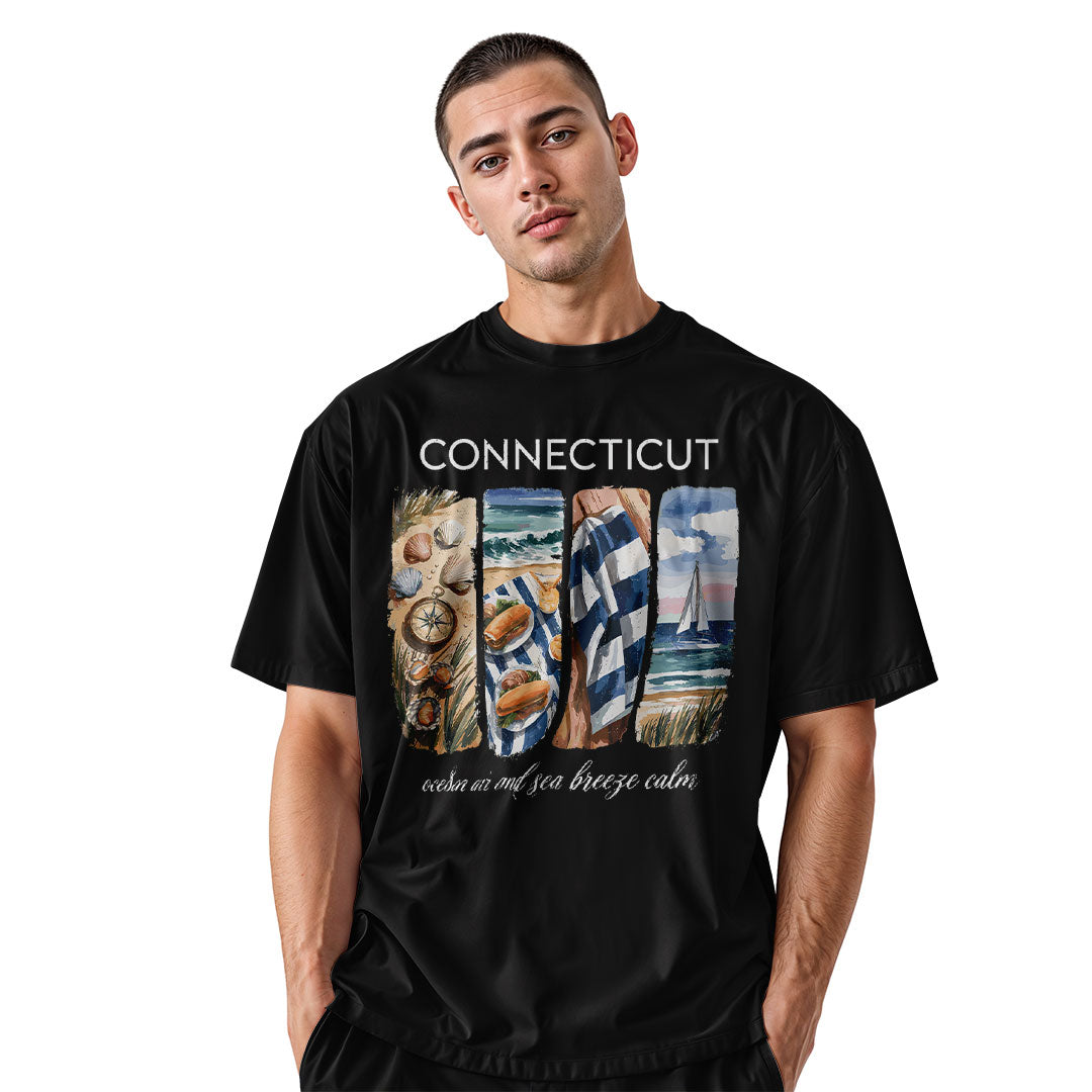 Connecticut Coastal Watercolor T-Shirt | Beach Scene Tee - Black