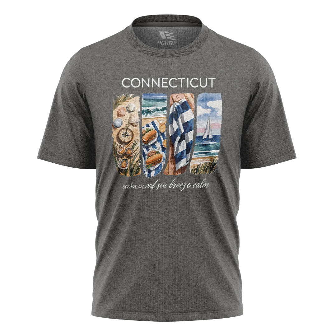 Connecticut Coastal Watercolor T-Shirt | Beach Scene Tee - Charcoal
