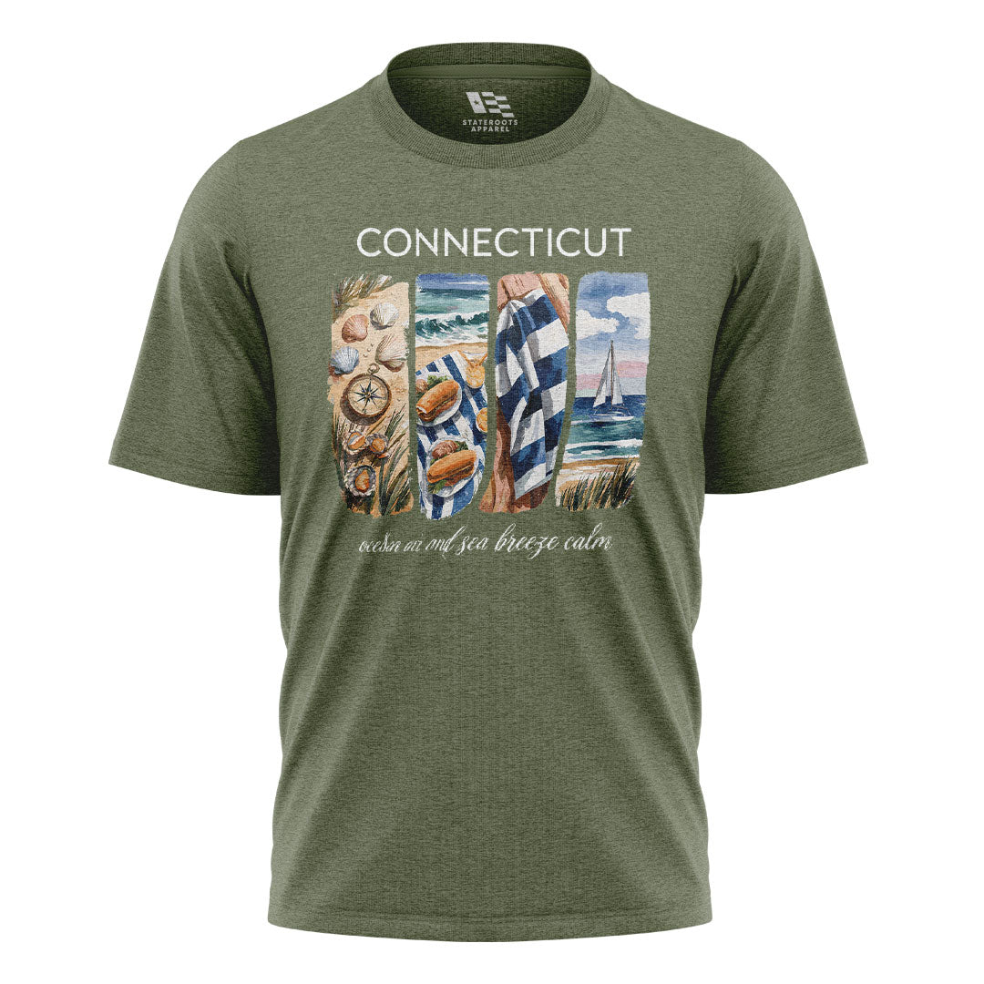 Connecticut Coastal Watercolor T-Shirt | Beach Scene Tee - Military Green
