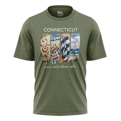 Connecticut Coastal Watercolor T-Shirt | Beach Scene Tee - Military Green