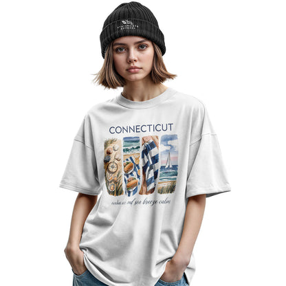 Connecticut Coastal Watercolor T-Shirt | Beach Scene Tee - Military Green